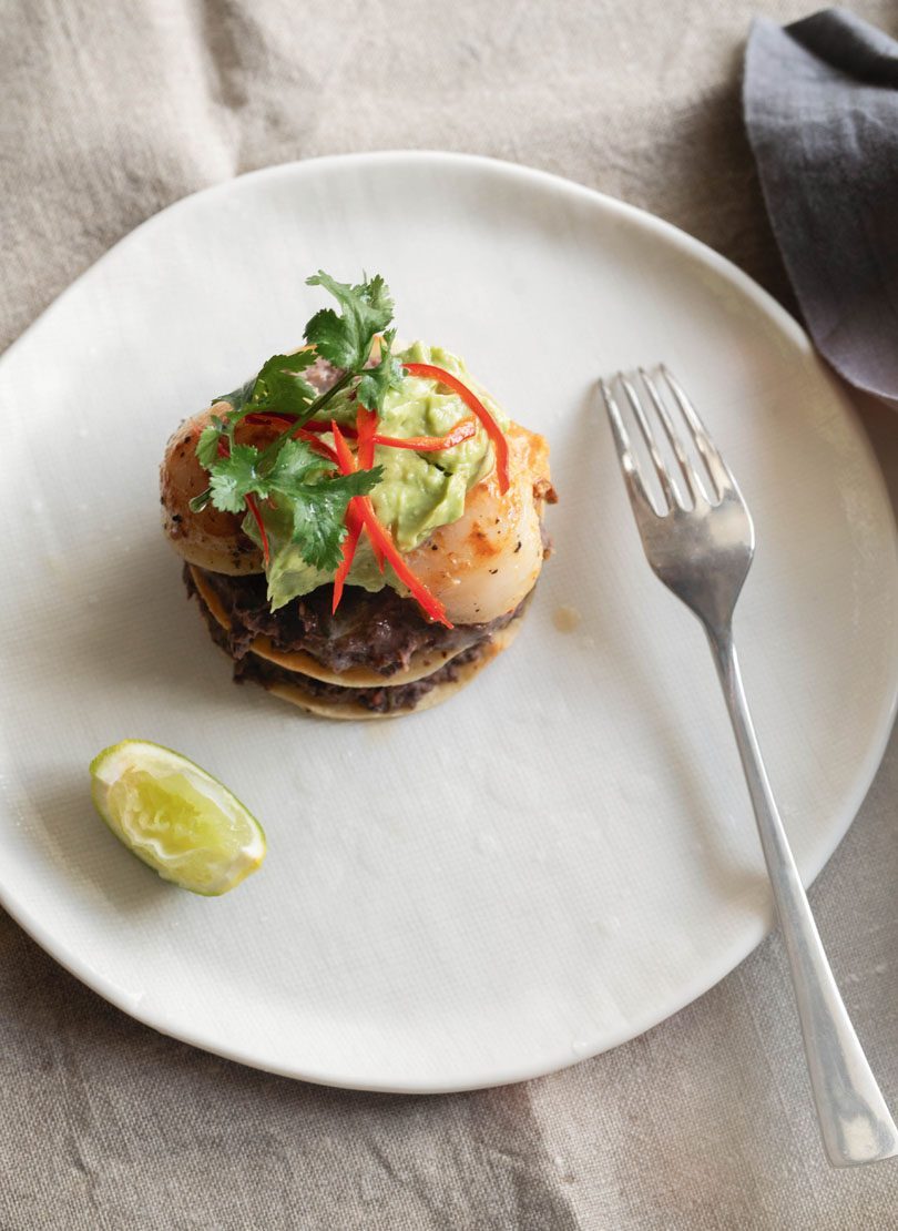 BLACK BEAN & SCALLOP TORTA WITH AVOCADO PUREE