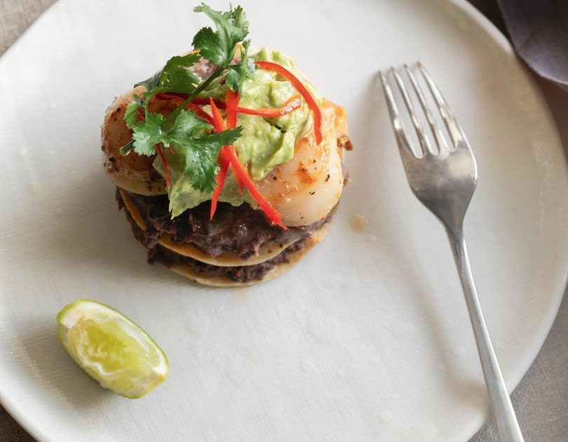 BLACK BEAN & SCALLOP TORTA WITH AVOCADO PUREE BLACK BEAN & SCALLOP TORTA WITH AVOCADO PUREE