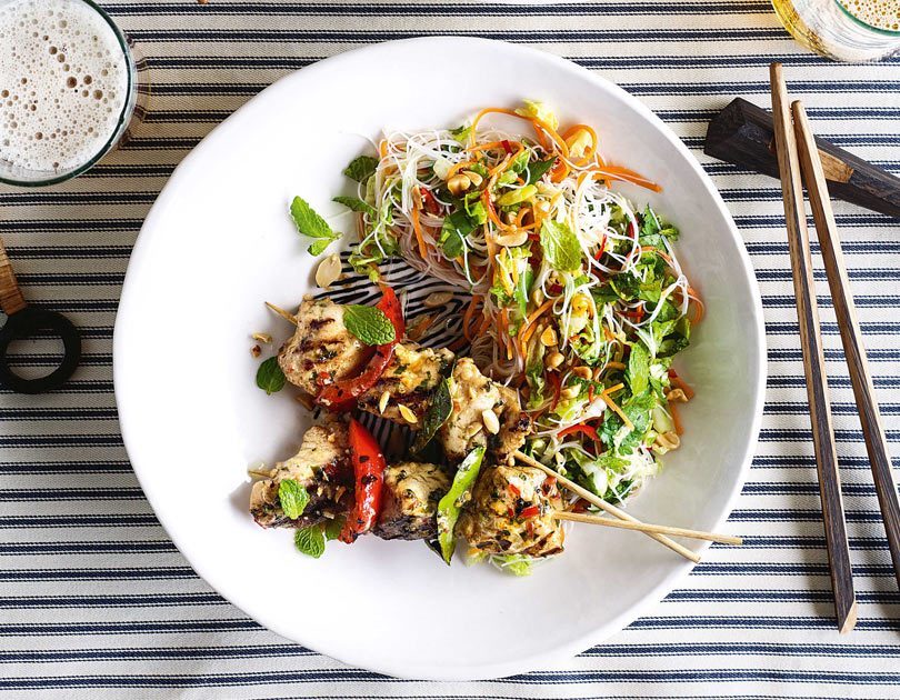 Monkfish kebabs on skewers with Thai noodle salad
