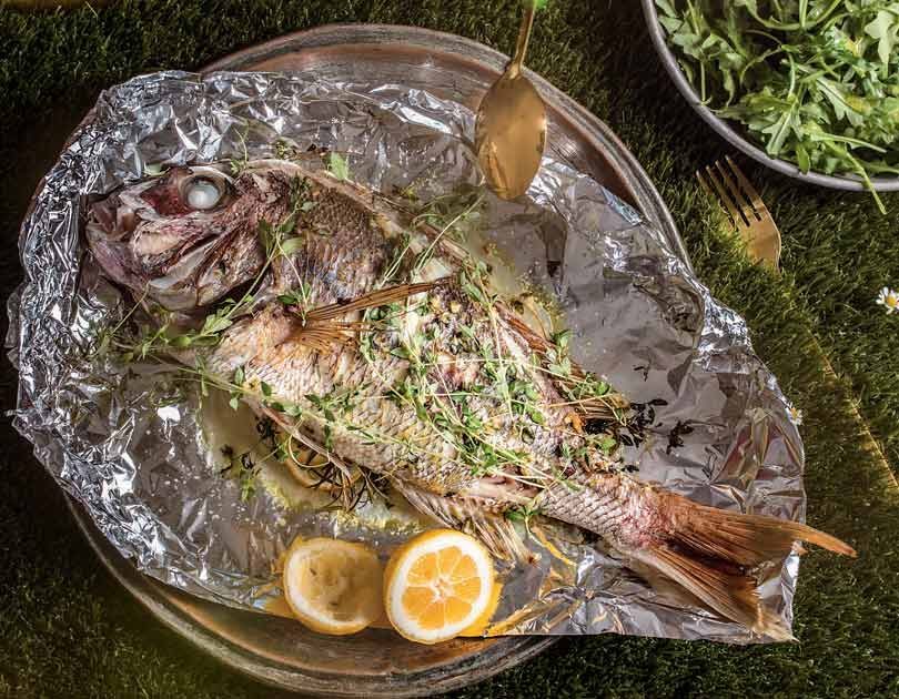 BARBECUED WHOLE FISH WITH CLASSIC BITTER GREEN SALAD