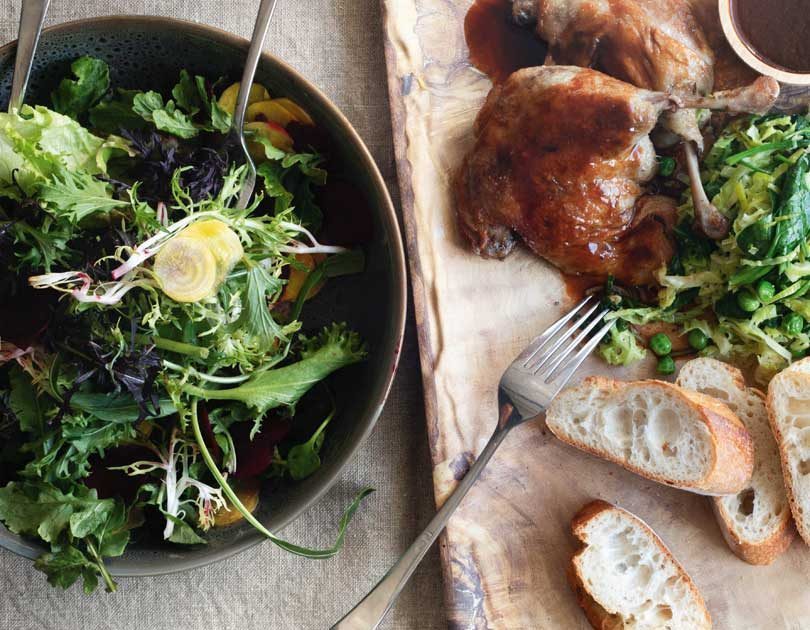 DUCK WITH SPRING GREENS, BABY BEET & BACON SALAD & CHICKEN JUS DUCK WITH SPRING GREENS, BABY BEET & BACON SALAD & CHICKEN JUS
