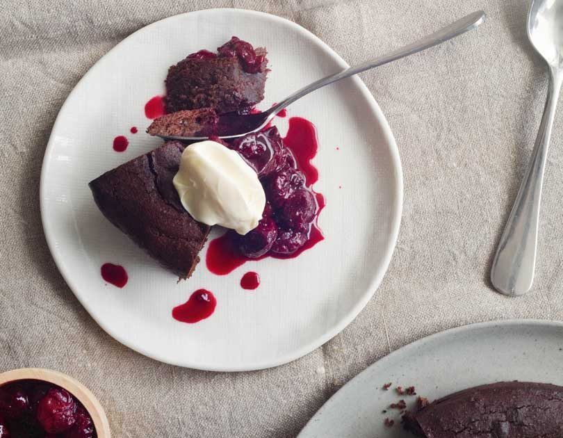 Flourless Chocolate Cake with Sour Cherry Compote