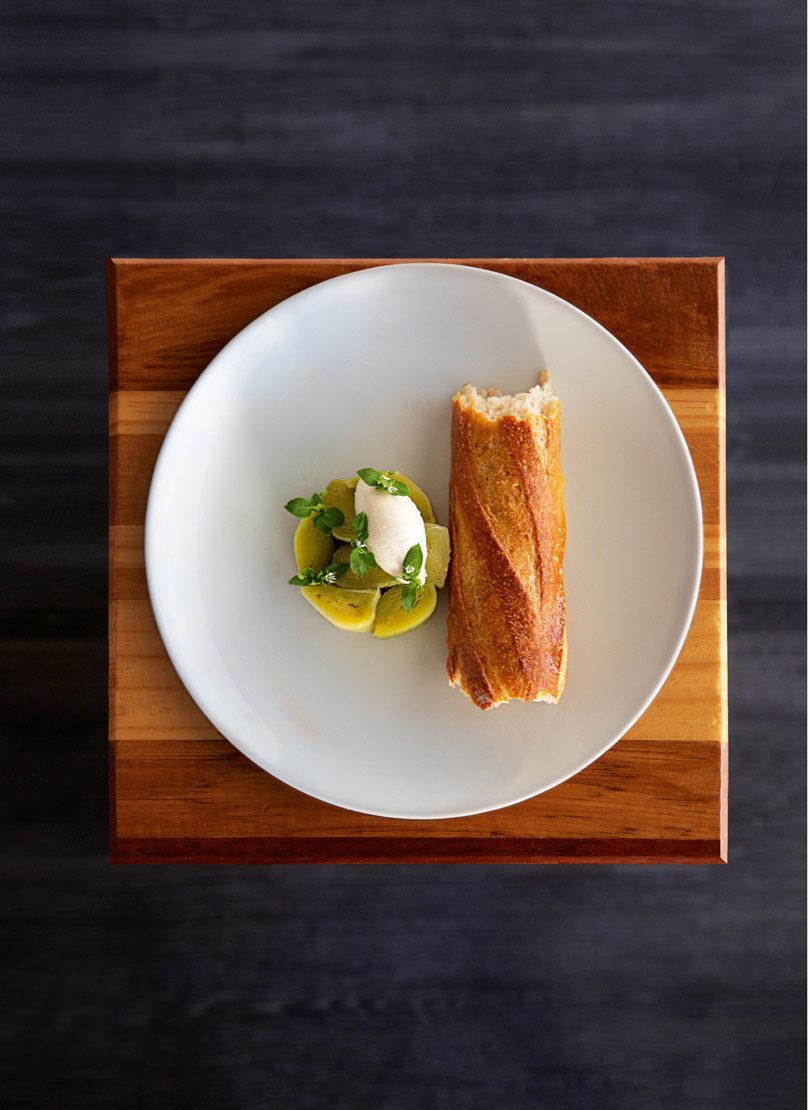 LEEK TERRINE, CHILLI, GOAT’S CHEESE & BAGUETTE