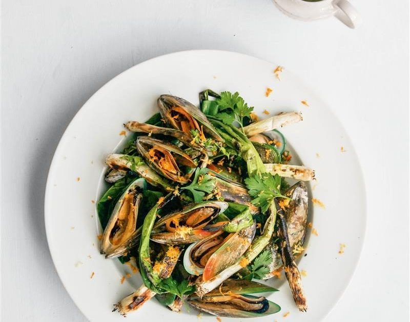 Charred spring onions & mussels with a citrus, garlic, chilli & parsley dressing