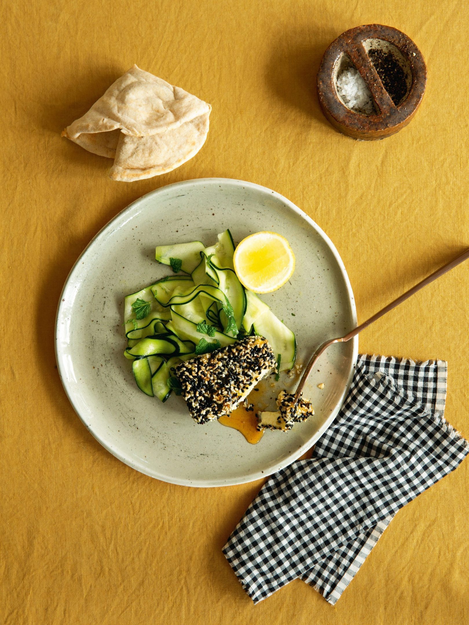 Sesame-crusted feta with honey & a zucchini salad Sesame-crusted feta with honey & a zucchini salad