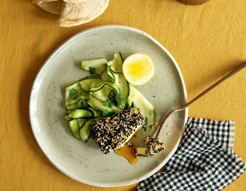 Sesame-crusted feta with honey & a zucchini salad