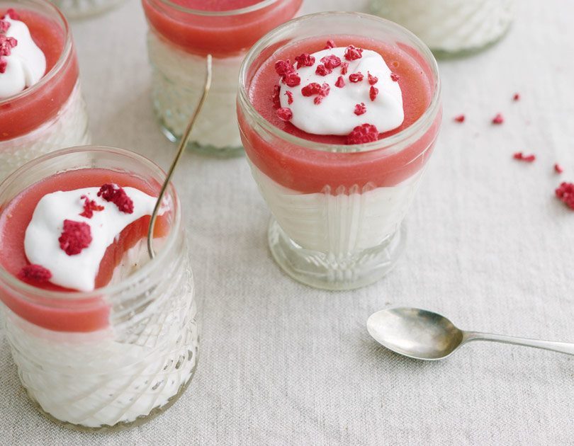 Vanilla Coconut Creams with Rhubarb Jelly