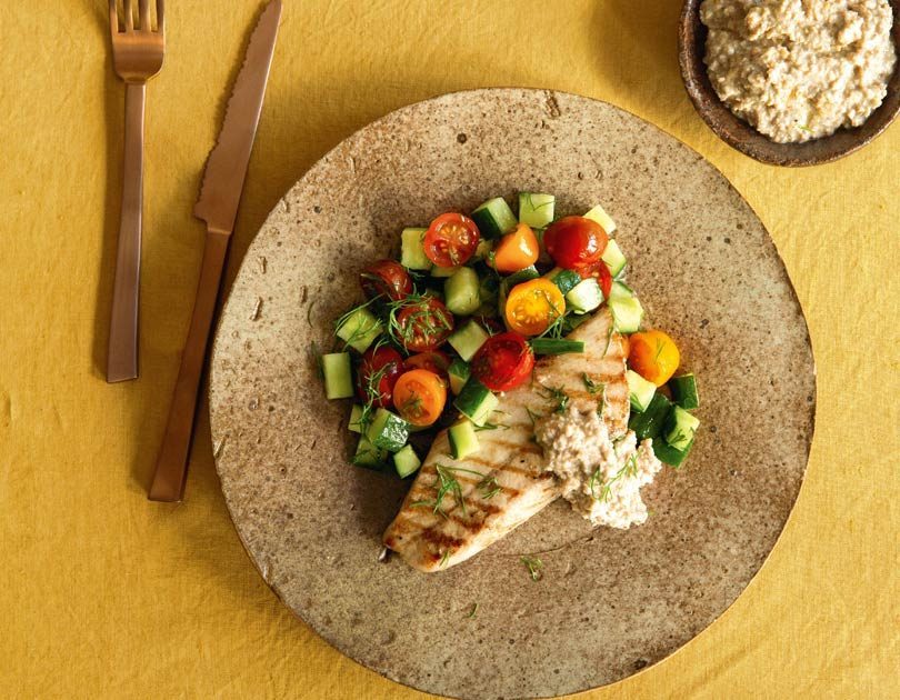 Grilled Fish, Walnut Tarator & Cucumber Salad