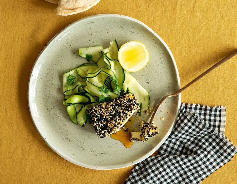 Sesame-Crusted Feta with Honey & a Zucchini Salad Sesame-Crusted Feta with Honey & a Zucchini Salad
