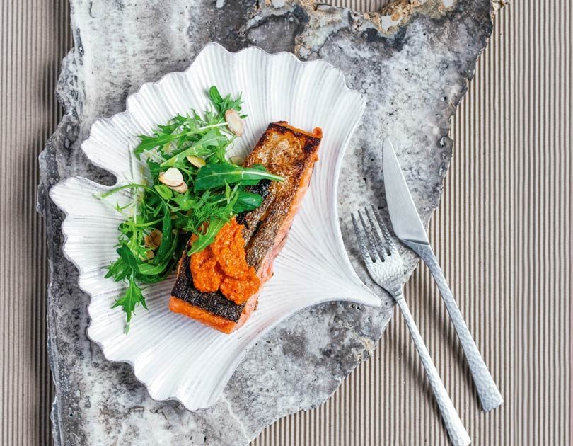 Panfried Salmon with Romesco & Lemony Herb & Nut Salad