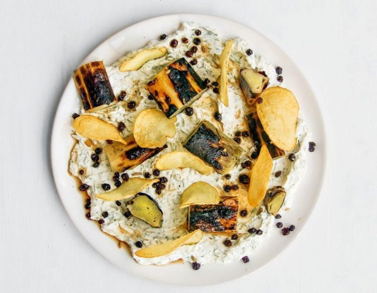 Braised, Charred Leeks, Dill Labneh, Potato Crisps & Pickled Currants Cuisine Magazine From