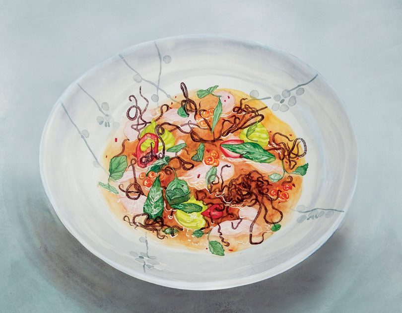 Scampi Ceviche with Avocado, Microgreens & Scampi Oil Scampi Ceviche with Avocado, Microgreens & Scampi Oil