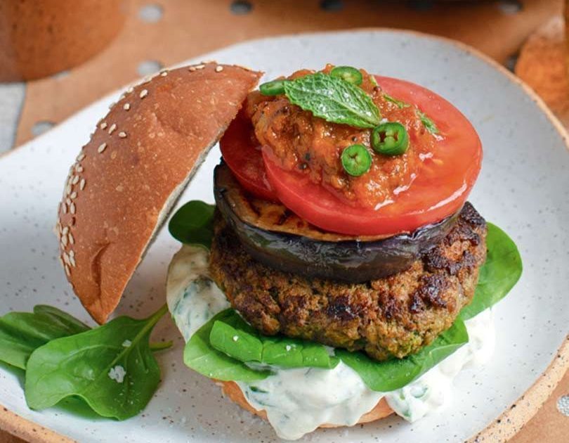Indian Lamb & Eggplant Burger with Mayo Raita and Tomato Kasundi