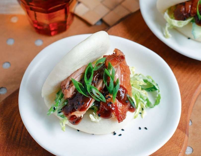 Roast Duck Burger with Hoisin Sauce in Steamed White Bun