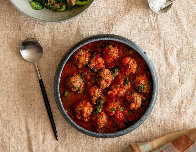 SPICED LAMB MEATBALLS WITH HARISSA SAUCE & EGGPLANT PICKLE SALAD