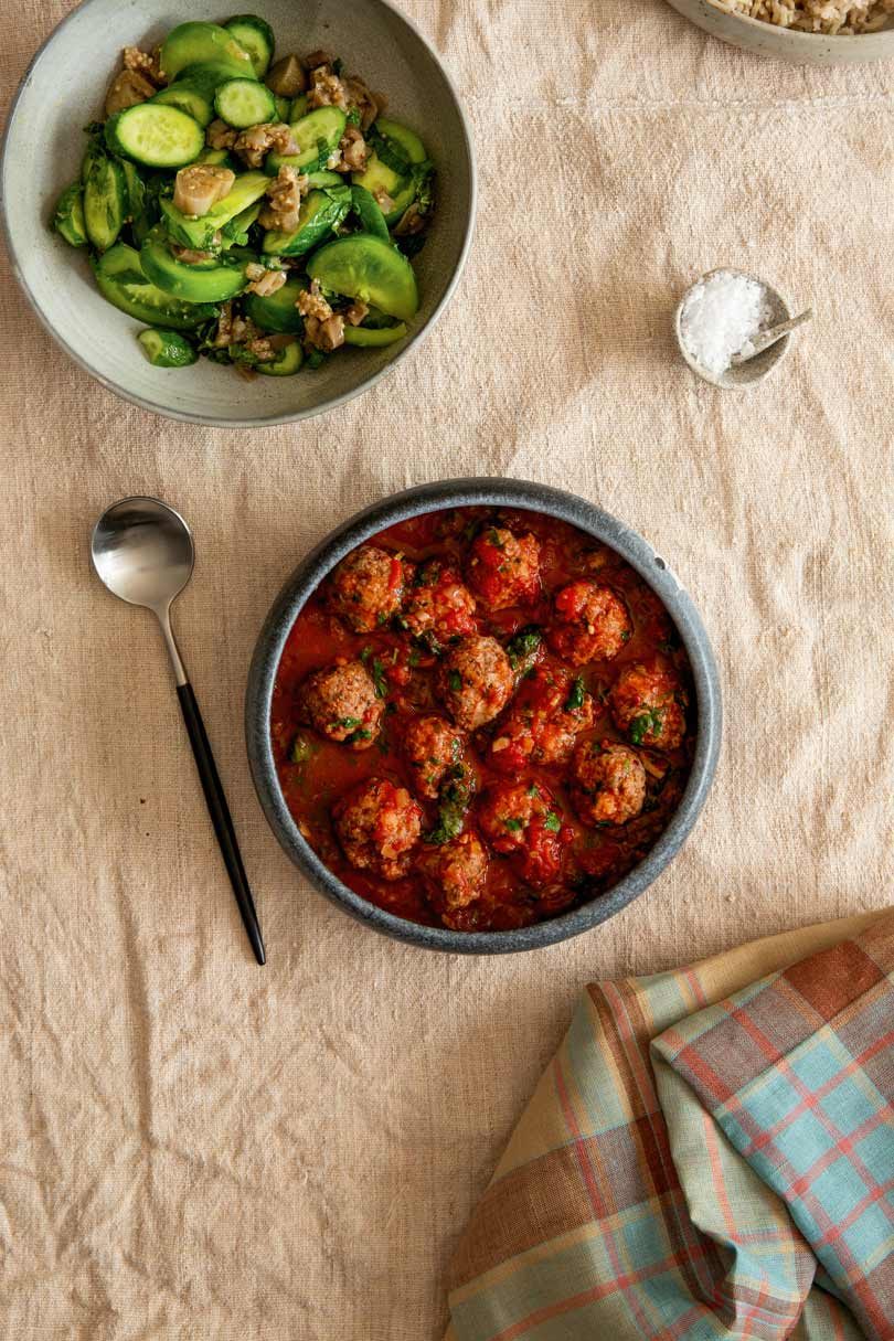SPICED LAMB MEATBALLS WITH HARISSA SAUCE & EGGPLANT PICKLE SALAD SPICED LAMB MEATBALLS WITH HARISSA SAUCE & EGGPLANT PICKLE SALAD