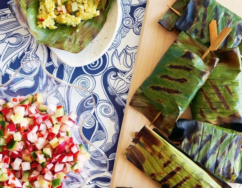 TREVALLY & TARO CAKES IN BANANA LEAF WITH CUCUMBER, RADISH & CHILLI RELISH