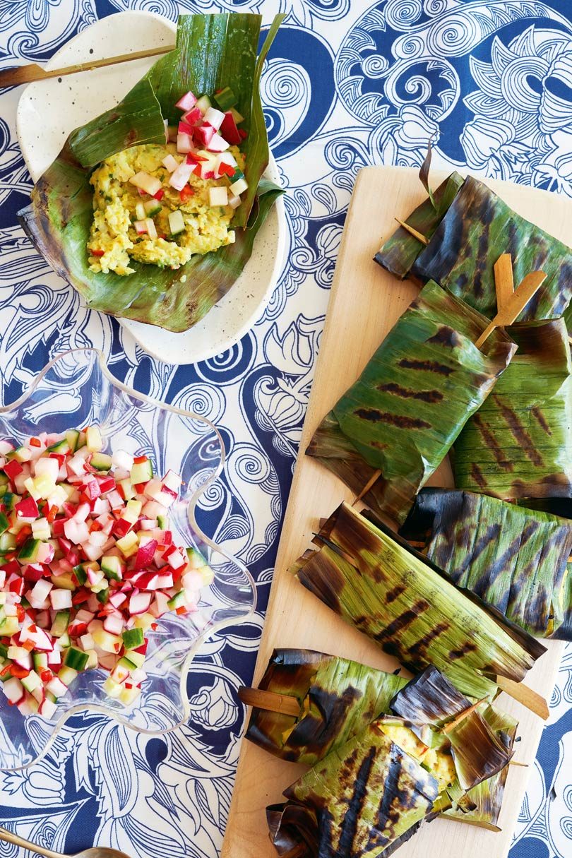 TREVALLY & TARO CAKES IN BANANA LEAF WITH CUCUMBER, RADISH & CHILLI RELISH TREVALLY & TARO CAKES IN BANANA LEAF WITH CUCUMBER, RADISH & CHILLI RELISH