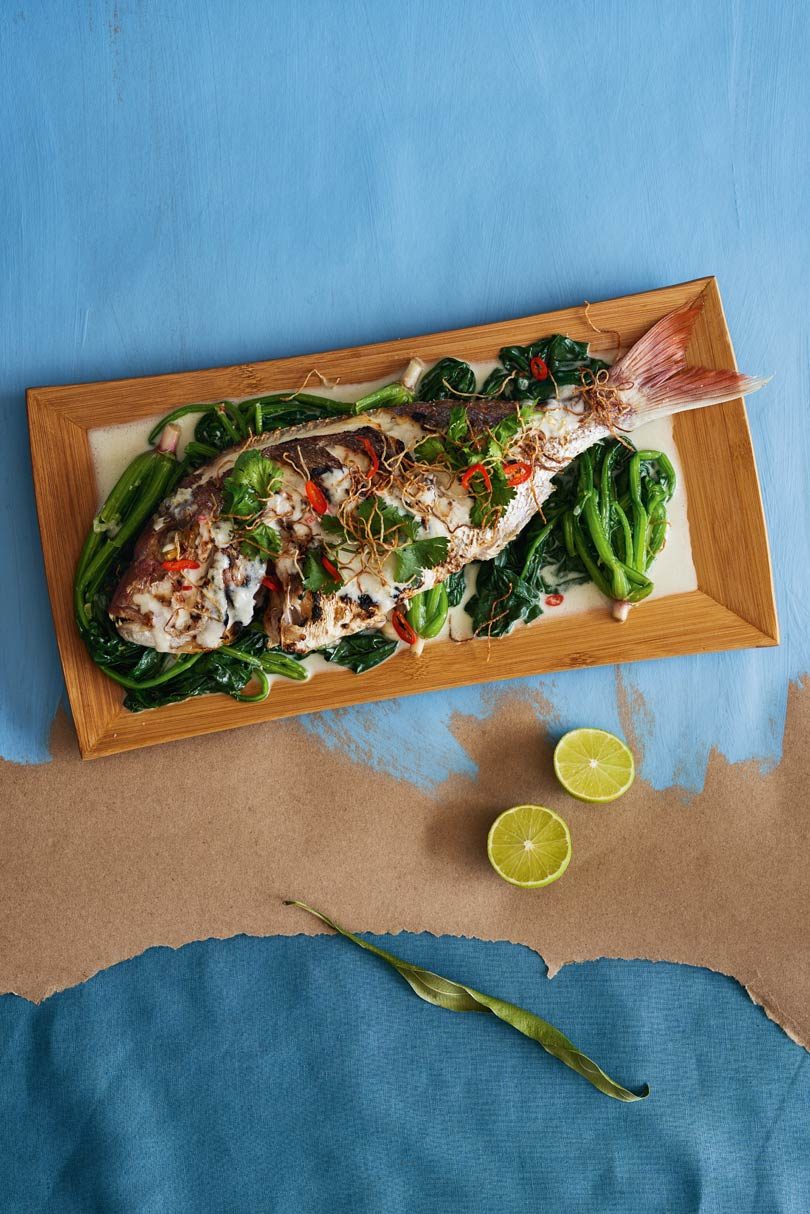 GRILLED FISH & SPINACH WITH COCONUT SAUCE GRILLED FISH & SPINACH WITH COCONUT SAUCE