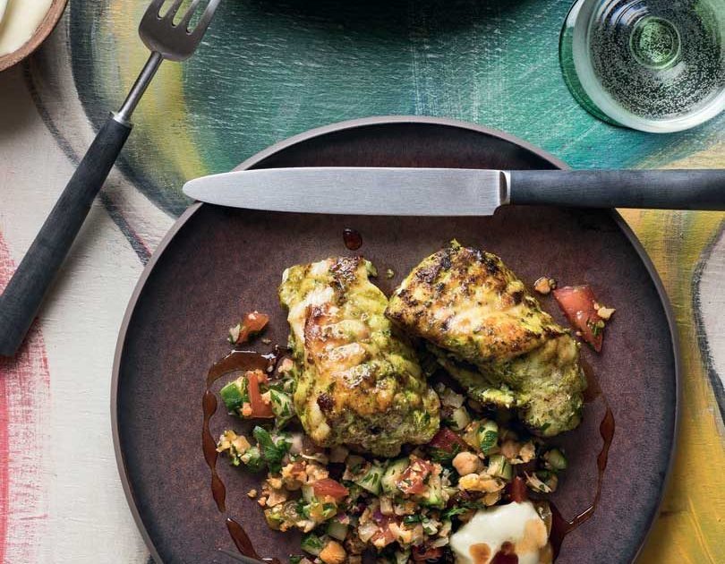 CHERMOULA-MARINATED FISH WITH CAULIFLOWER TABBOULEH & DATE SYRUP