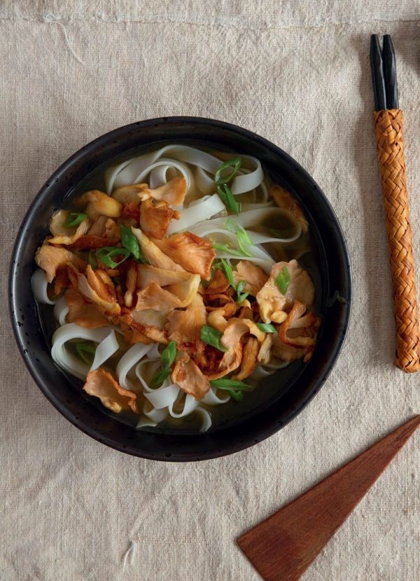 CHICKEN BROTH WITH RICE NOODLES, SPRING ONION & PINK MUSHROOMS