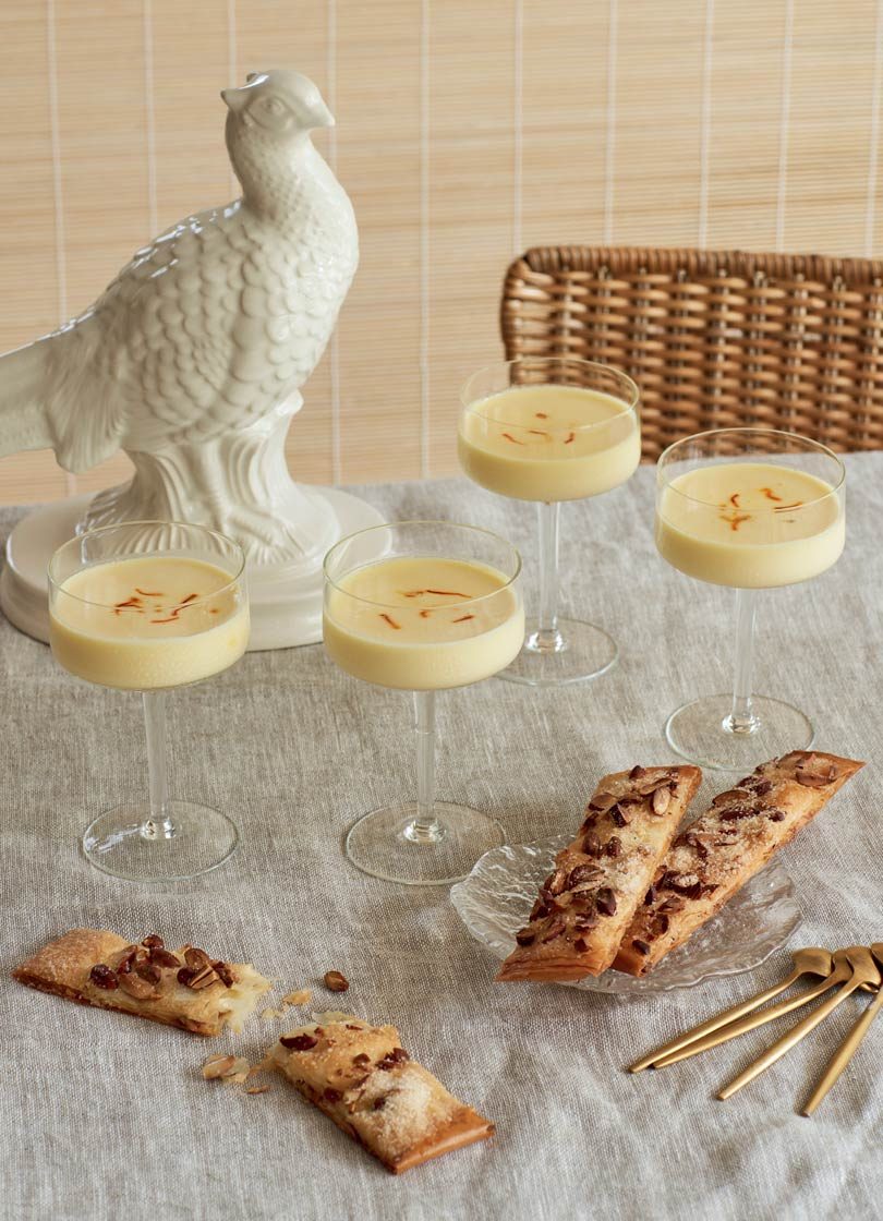 SAFFRON & PRESERVED LEMON POSSET WITH ALMOND FILO WAFERS SAFFRON & PRESERVED LEMON POSSET WITH ALMOND FILO WAFERS