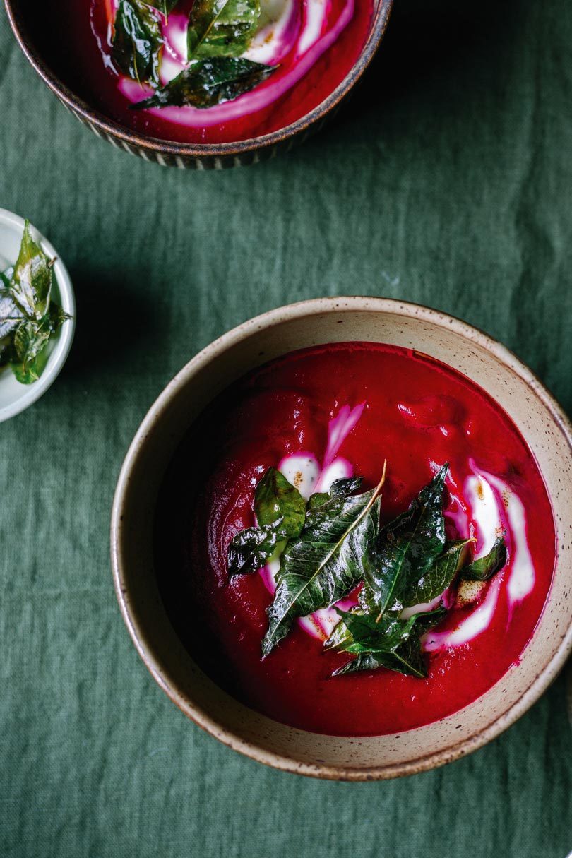 SPICED BEETROOT SOUP WITH TOASTED CUMIN YOGHURT & BUTTER-FRIED CURRY LEAVES SPICED BEETROOT SOUP WITH TOASTED CUMIN YOGHURT & BUTTER-FRIED CURRY LEAVES
