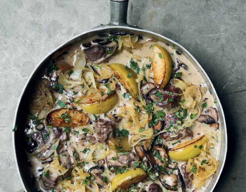 PORK & APPLE ‘STROGANOFF’ WITH HOT DOG ONIONS