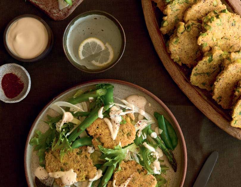 QUINOA ASPARAGUS FRITTERS WITH LEMON-TAHINI YOGHURT & SUMAC