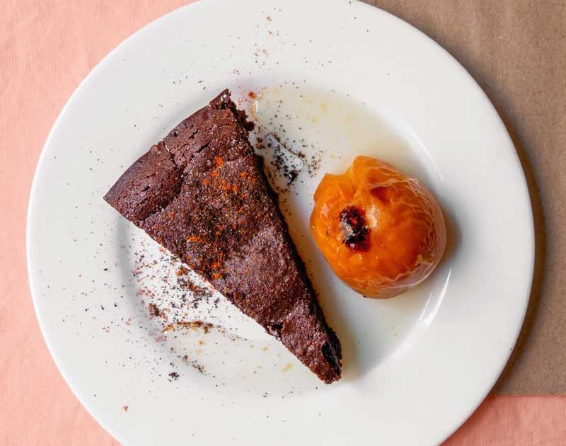CHOCOLATE CHILLI TORTE WITH COFFEE GROUNDS & WHOLE ROASTED APRICOTS