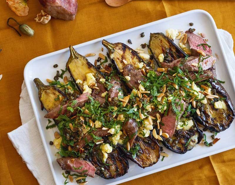 EGGPLANT & LAMB WITH FETA, MINT, CRISPY CAPERS & ALMONDS