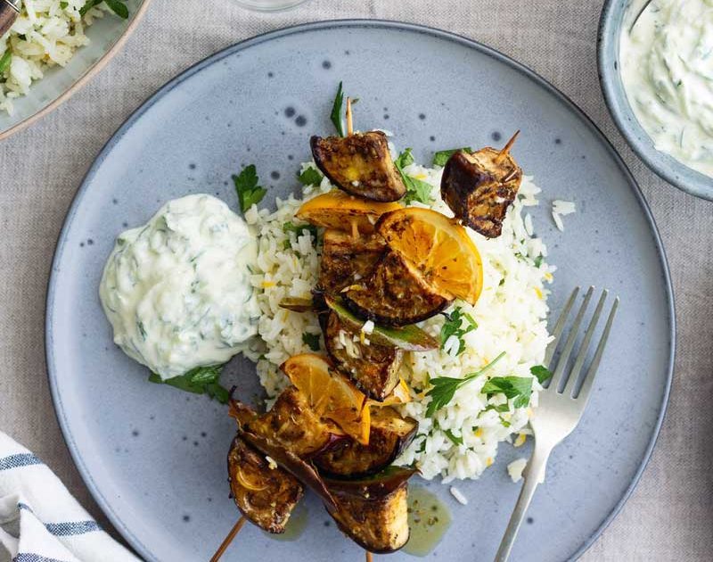 EGGPLANT, LEMON & BAY LEAF SOUVLAKI WITH HERB PILAF & TZATZIKI