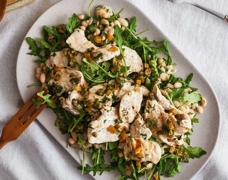 GRILLED CHICKEN SALAD WITH WHITE BEANS & PRESERVED LEMON & ANCHOVY SALSA