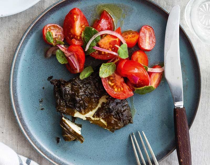 HALOUMI BAKED IN VINE LEAVES WITH TOMATO SALAD