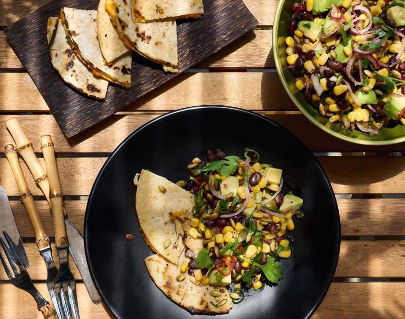 QUESADILLAS WITH CARROT HUMMUS & CHARRED CORN & BLACK BEAN SALAD
