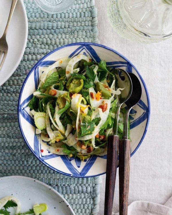 SHAVED FENNEL, TOASTED ALMOND & GREEN OLIVE SALAD WITH CUMIN DRESSING