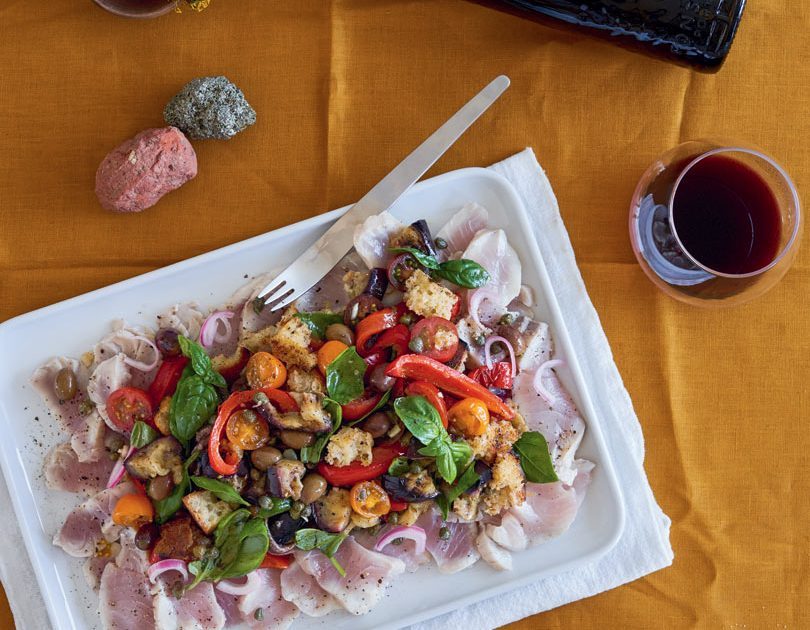 PICKLED FISH WITH BARBECUED EGGPLANT & CAPSICUM PANZANELLA
