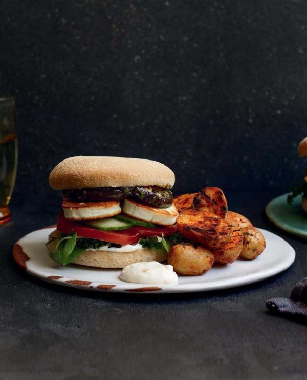 HALOUMI & GRILLED EGGPLANT BURGERS WITH SMOKY POTATOES & PRESERVED