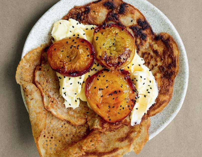 BUCKWHEAT CREPES WITH ROAST PEACHES & MASCARPONE