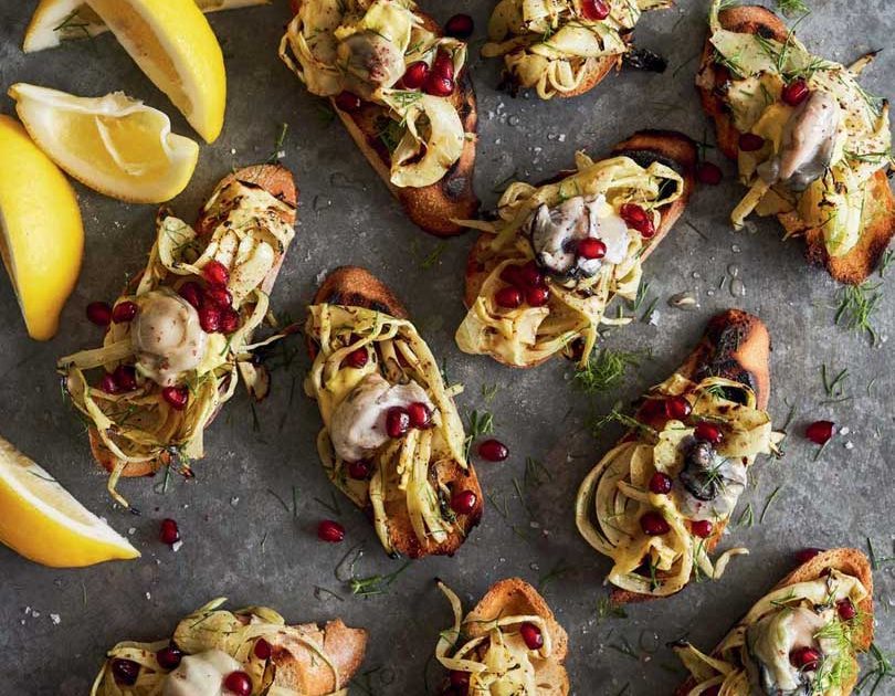 CHARGRILLED FENNEL SLAW BRUSCHETTA WITH OYSTER MAYONNAISE
