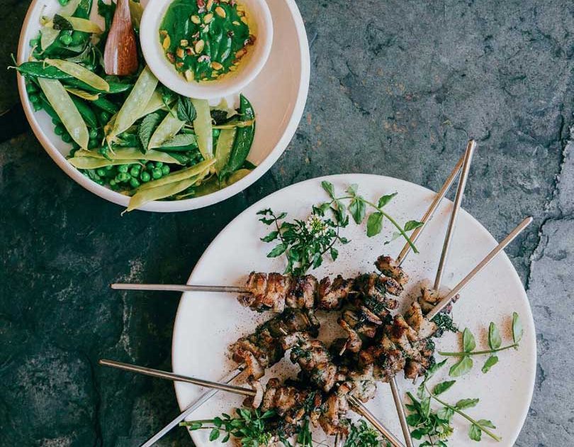PORK BELLY SKEWERS WITH SUGAR SNAPS & WATERCRESS SAUCE