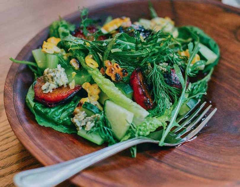 SALAD OF GRILLED PLUMS & BLUE CHEESE WITH CIDER & MUSTARD DRESSING