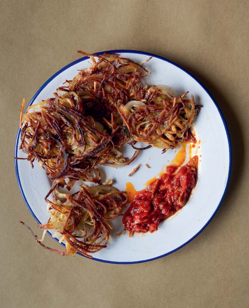 KŪMARA & ONION FRITTERS WITH SPICY TOMATO, GINGER & FENNEL SEED CHUTNEY