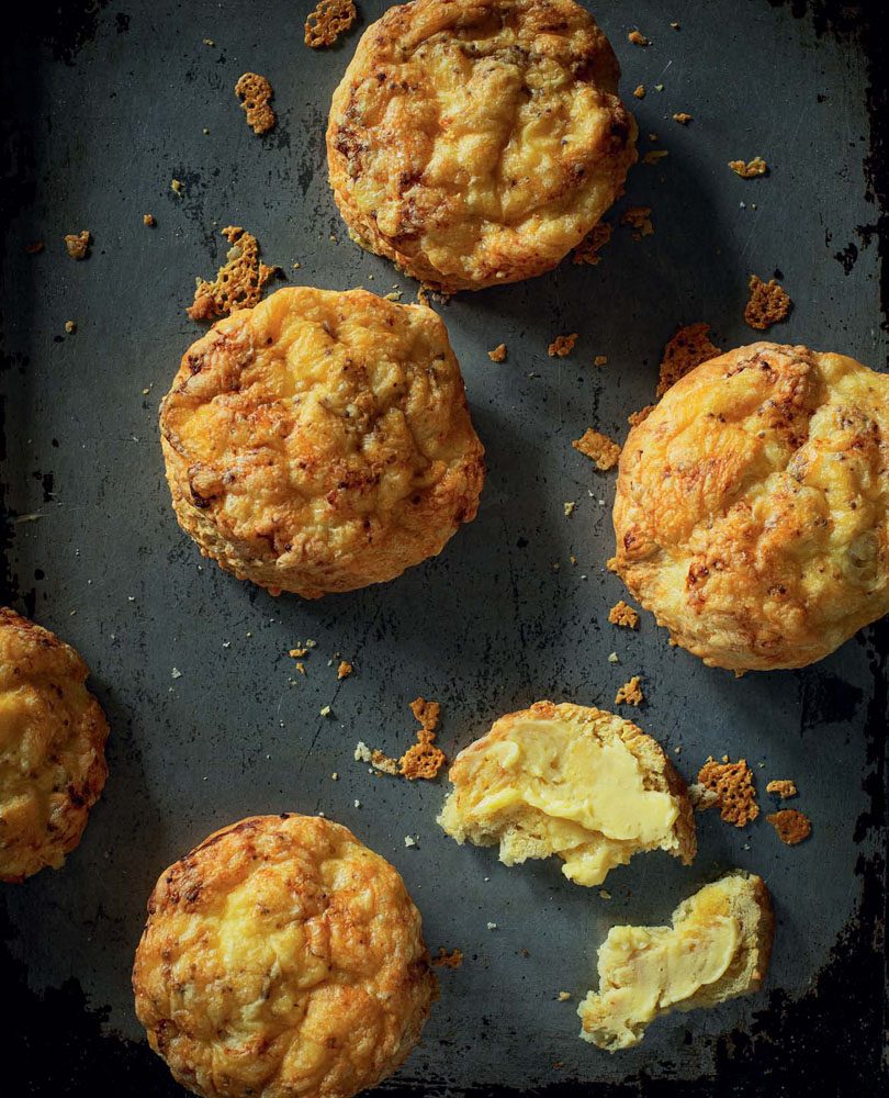 CHEDDAR, GRUYÈRE & SMOKED PECORINO SCONES WITH MUSTARD CREME FRAICHE