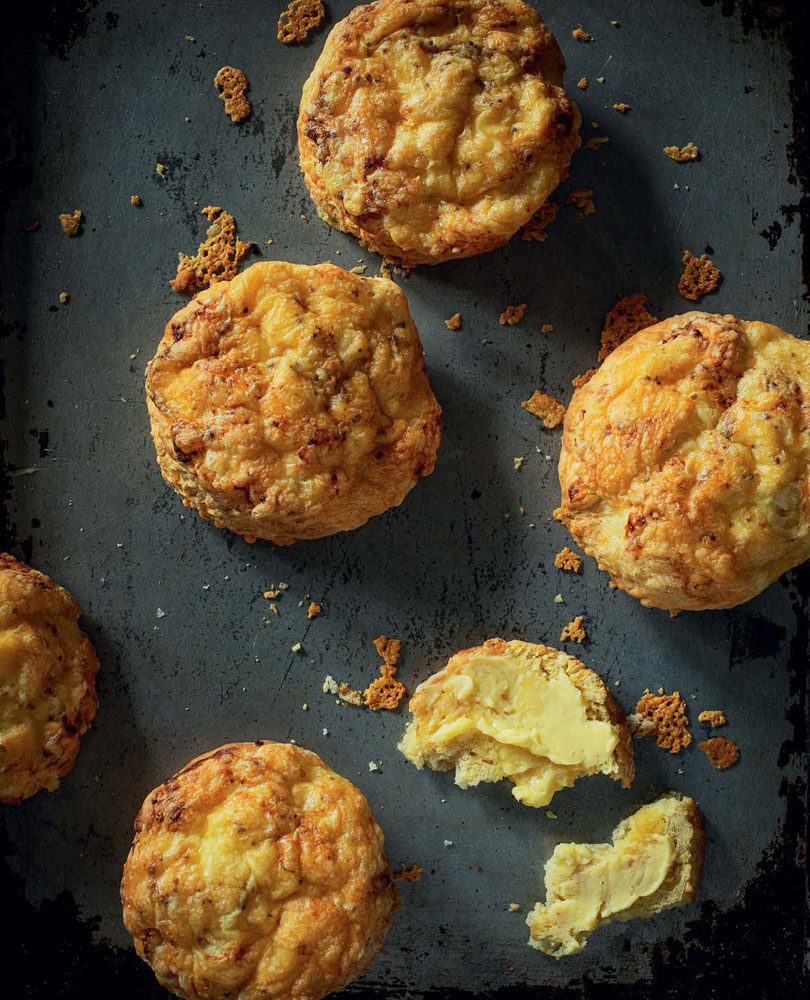 CHEDDAR, GRUYÈRE & SMOKED PECORINO SCONES WITH MUSTARD CREME FRAICHE CHEDDAR, GRUYÈRE & SMOKED PECORINO SCONES WITH MUSTARD CREME FRAICHE