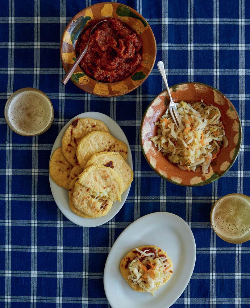 CHEESE PUPUSAS WITH MEXI KRAUT & SALSA ROJA