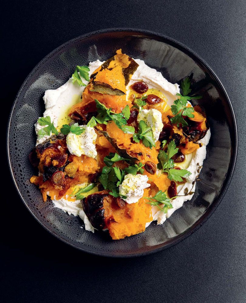 HONEY & THYME ROAST PUMPKIN WITH GARLIC LABNEH & CURRIED PUMPKIN SEEDS