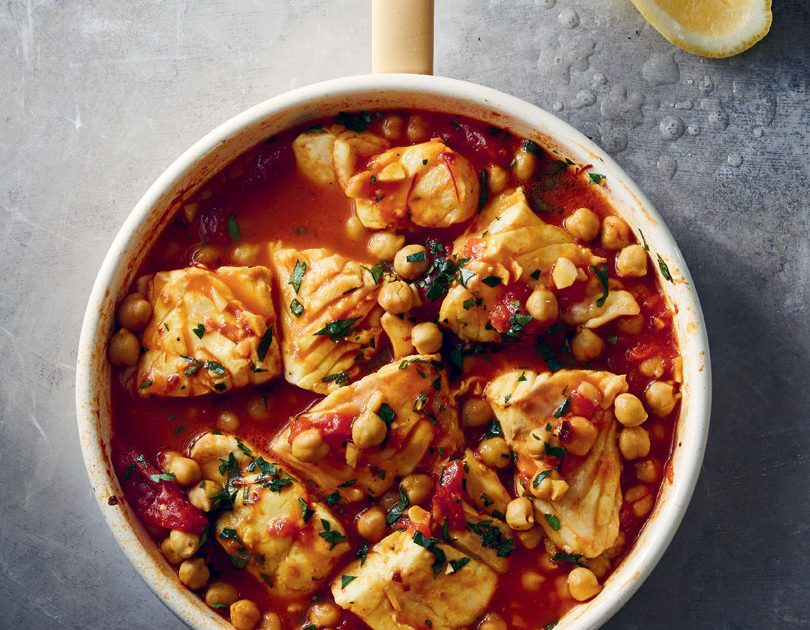 TOMATO-POACHED FISH WITH SAFFRON & CHICKPEAS