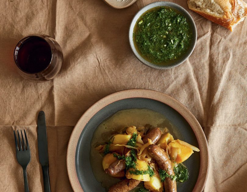 GOAT SAUSAGES WITH FENNEL & POTATO  BRAISE & FENNEL-FROND SALSA