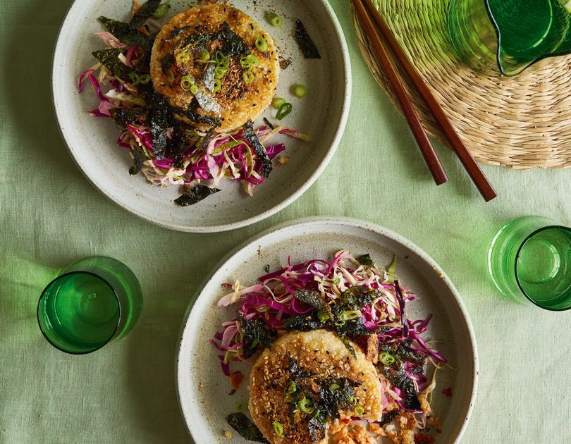 SALMON YAKI ONIGIRI WITH CABBAGE & SEAWEED SALAD